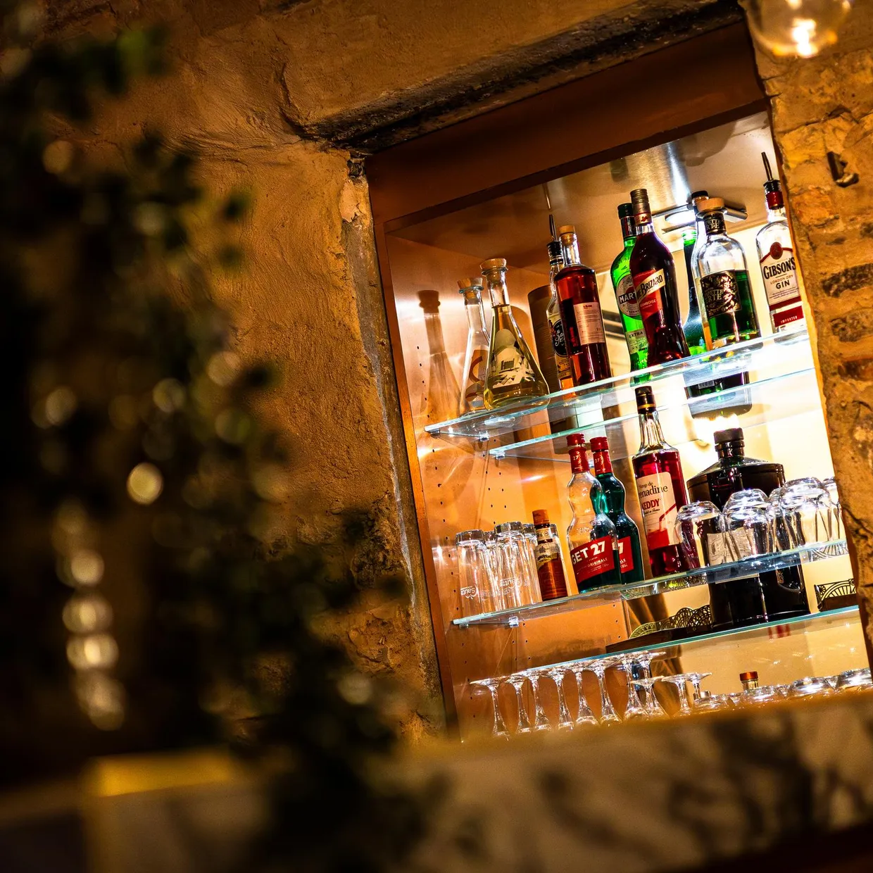 Ein beleuchtetes Glasregal enthält Alkoholflaschen und Cocktailgläser, umgeben von Steinwänden und einer grünen Pflanze.