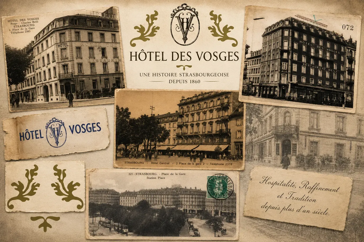 Kollage aus alten Fotografien und Werbedokumenten des Hôtel des Vosges in Straßburg, einschließlich Ansichten des Hauses und Logos